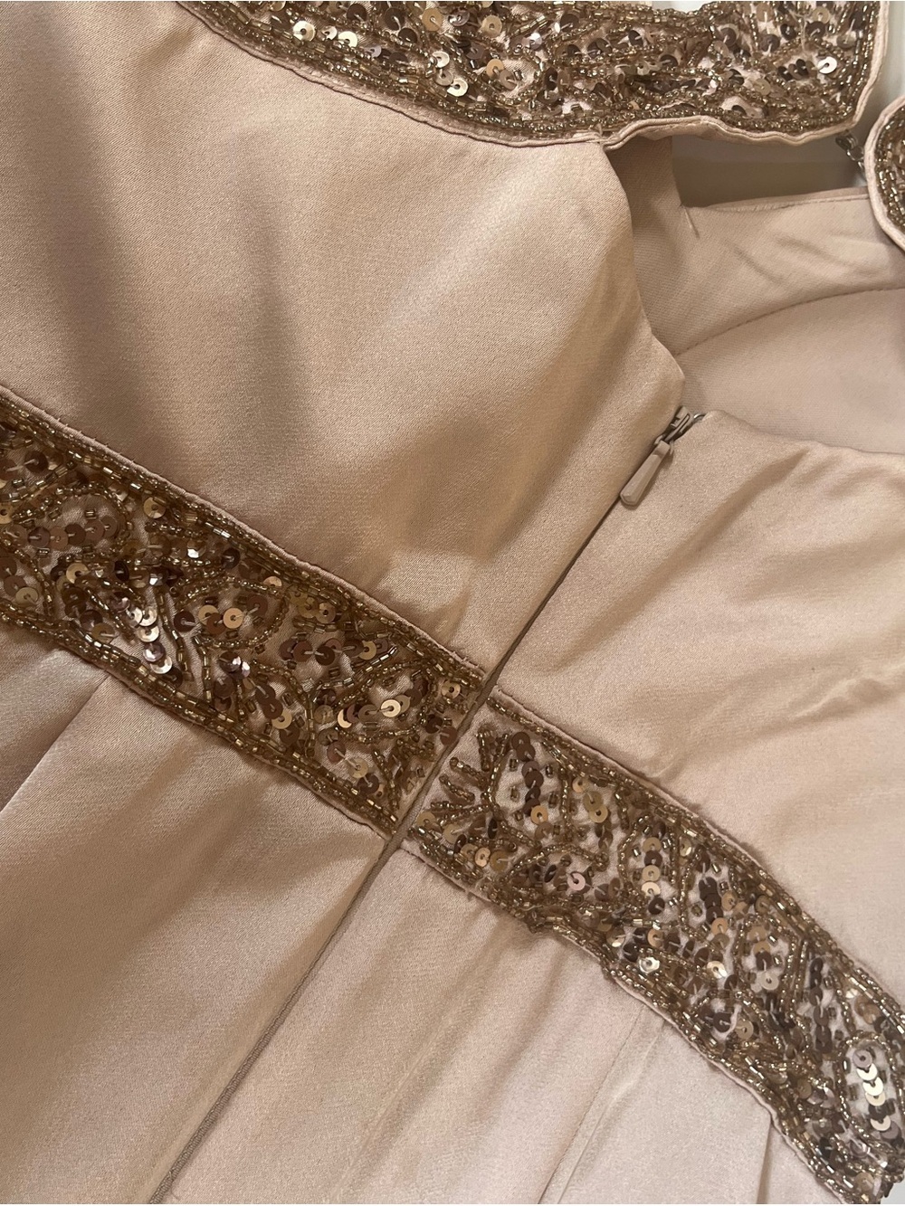Aidan Mattox Champange Rose Gold Sequin Pleated Satin Long Formal Open Back Gown - Picture 13 of 15